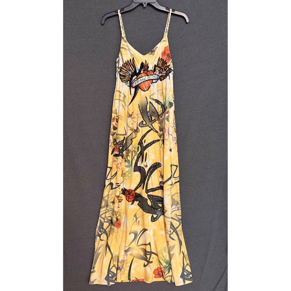Spy Zone Exchange Yellow Tattoo Print Embellished Maxi Dress Small Y2K
